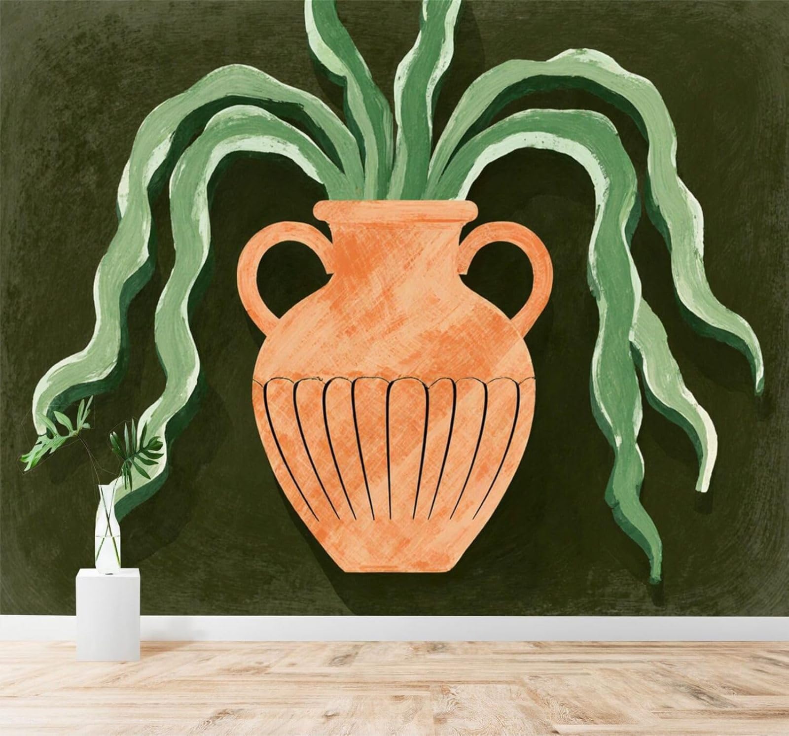XLMING Abstract Earthenware Vase Dark Background Green Leaves Minimalist 3D Wallpaper Silky Texture Home Study Office Grey Dining Room Sofa Bedroom Living Room TV Backdrop-300cm×210cm