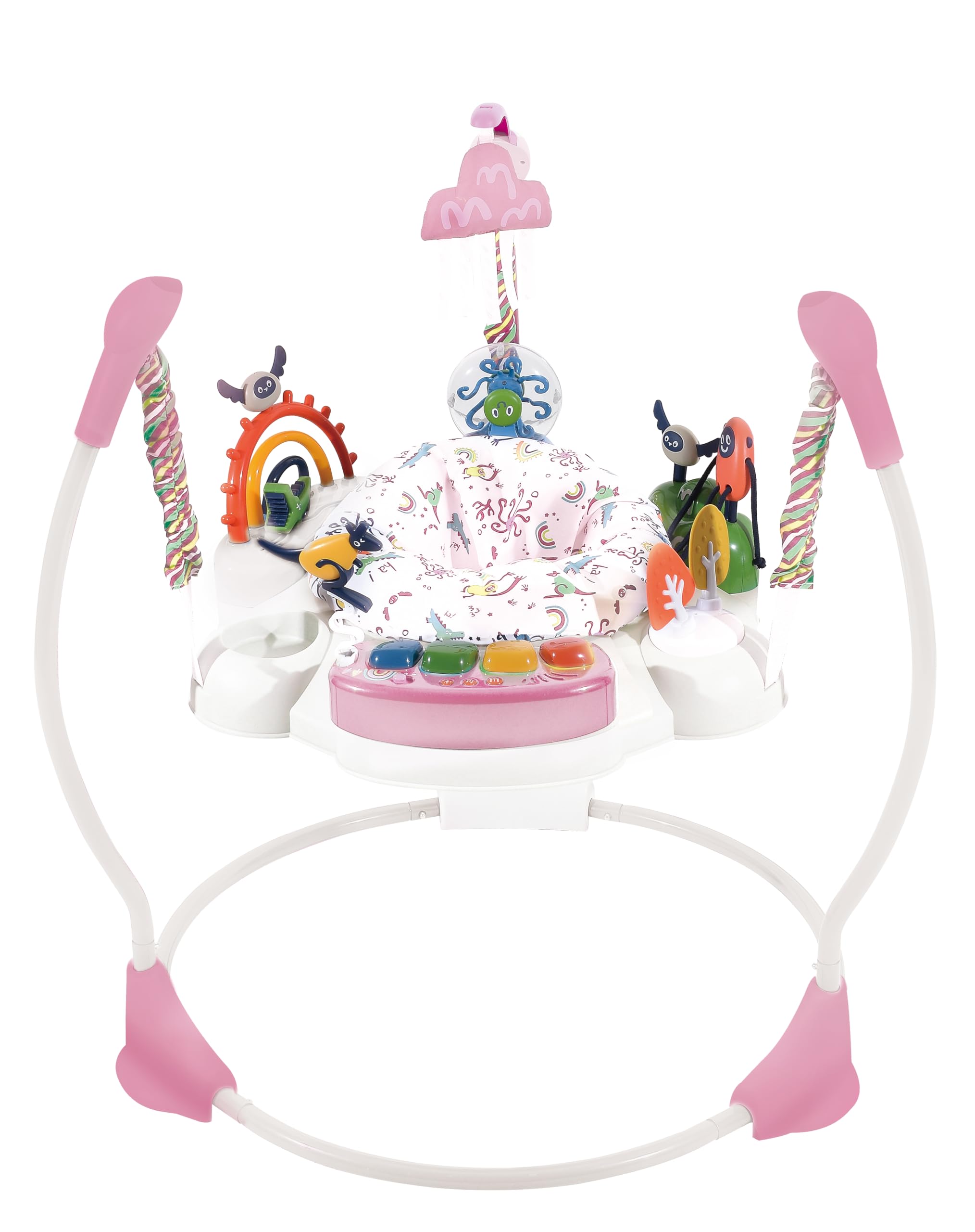 COSTWAY Aire d'éveil à Rebonds Bébé avec 6 Jouets Interactifs et Plateau Musical, Jumperoo Jungle Trotteur Bébé avec Musique et Lumière, 3 Hauteurs Réglables, Siège Rotatif 360° pour 6 Mois+ (Rose)