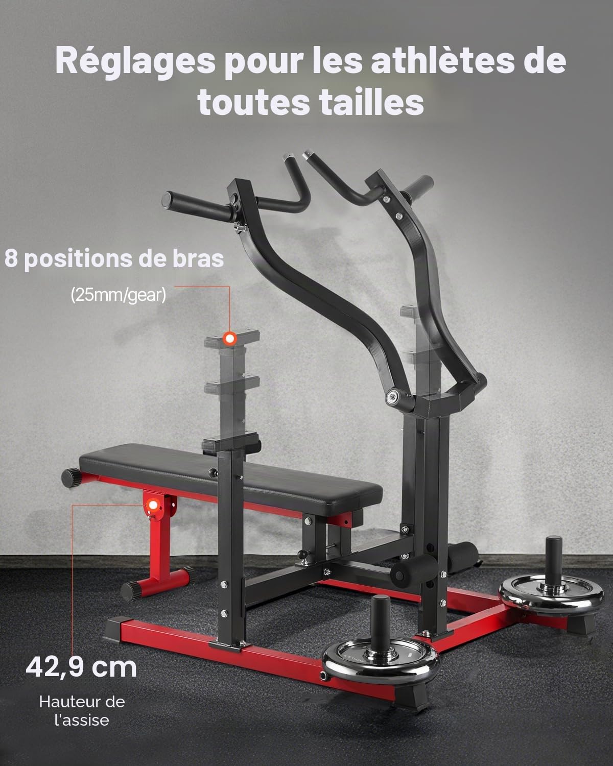 VEVOR Presse Pectorale Capacité de 204 kg, Banc de Développé Couché Réglable, Banc de Musculation Incliné Plat avec Bras Convergents Indépendants, Équipement pour Abdominaux et Épaules, Gym Domicile