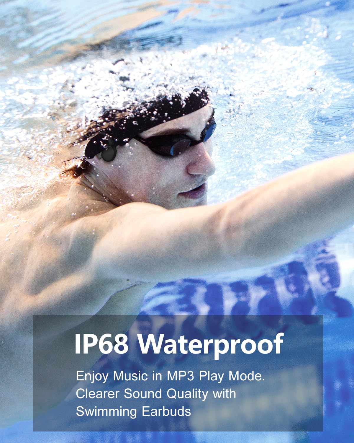 Swimmer wearing bone conduction headphones underwater