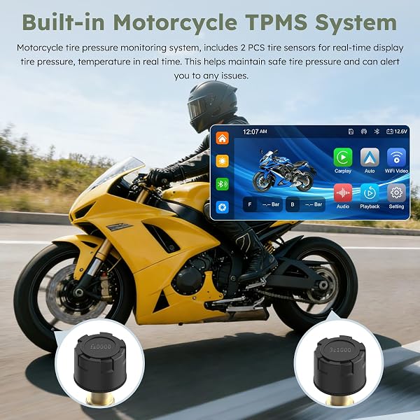 Carpuride Schermo da moto GPS carplay da 6.3 pollici senza fili CarPlay e Android Auto per Moto, con doppia fotocamera e TPMS, telecomando, IP67 impermeabile, BT Aduio, registrazione loop - 2