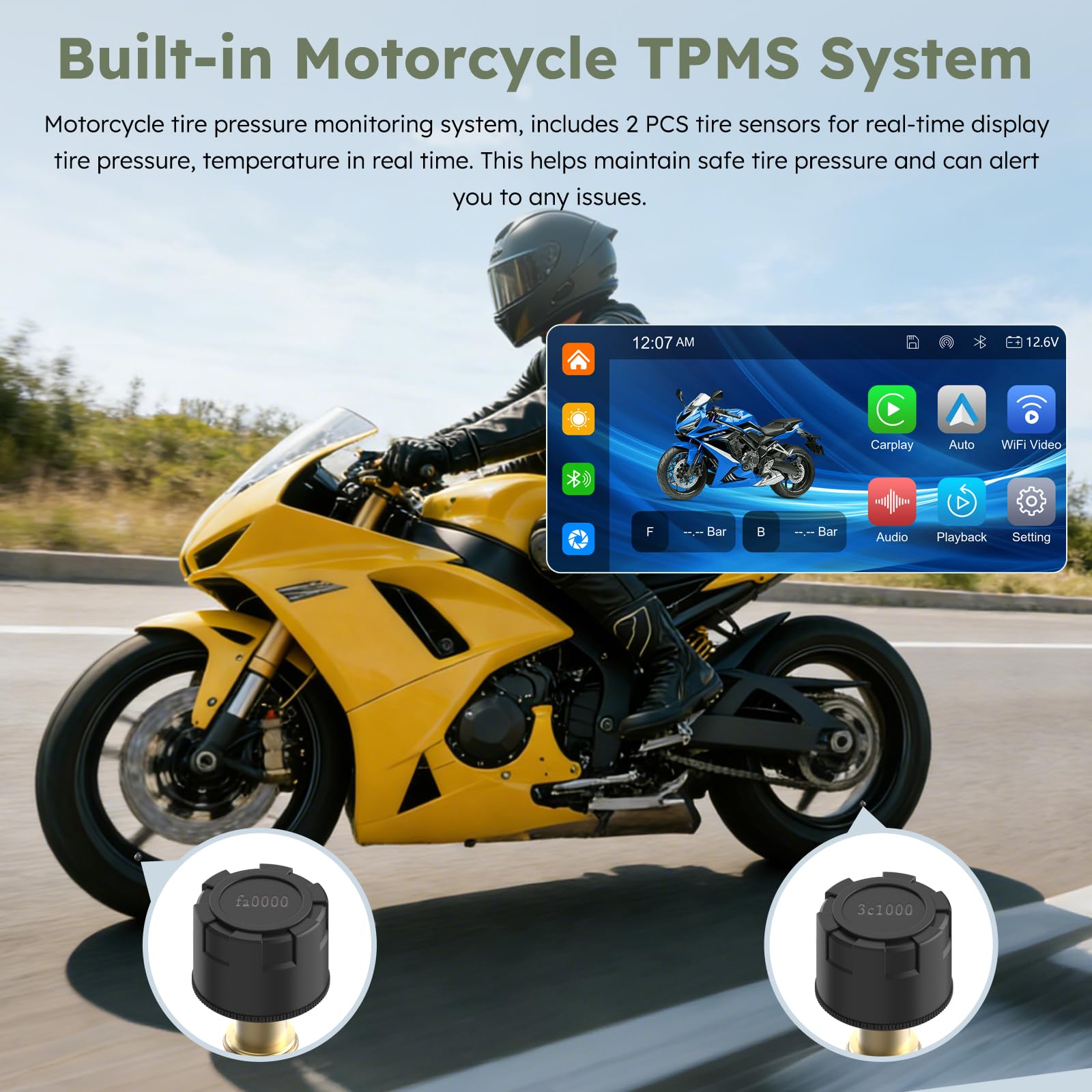 Carpuride Schermo da moto GPS carplay da 6.3 pollici senza fili CarPlay e Android Auto per Moto, con doppia fotocamera e TPMS, telecomando, IP67 impermeabile, BT Aduio, registrazione loop