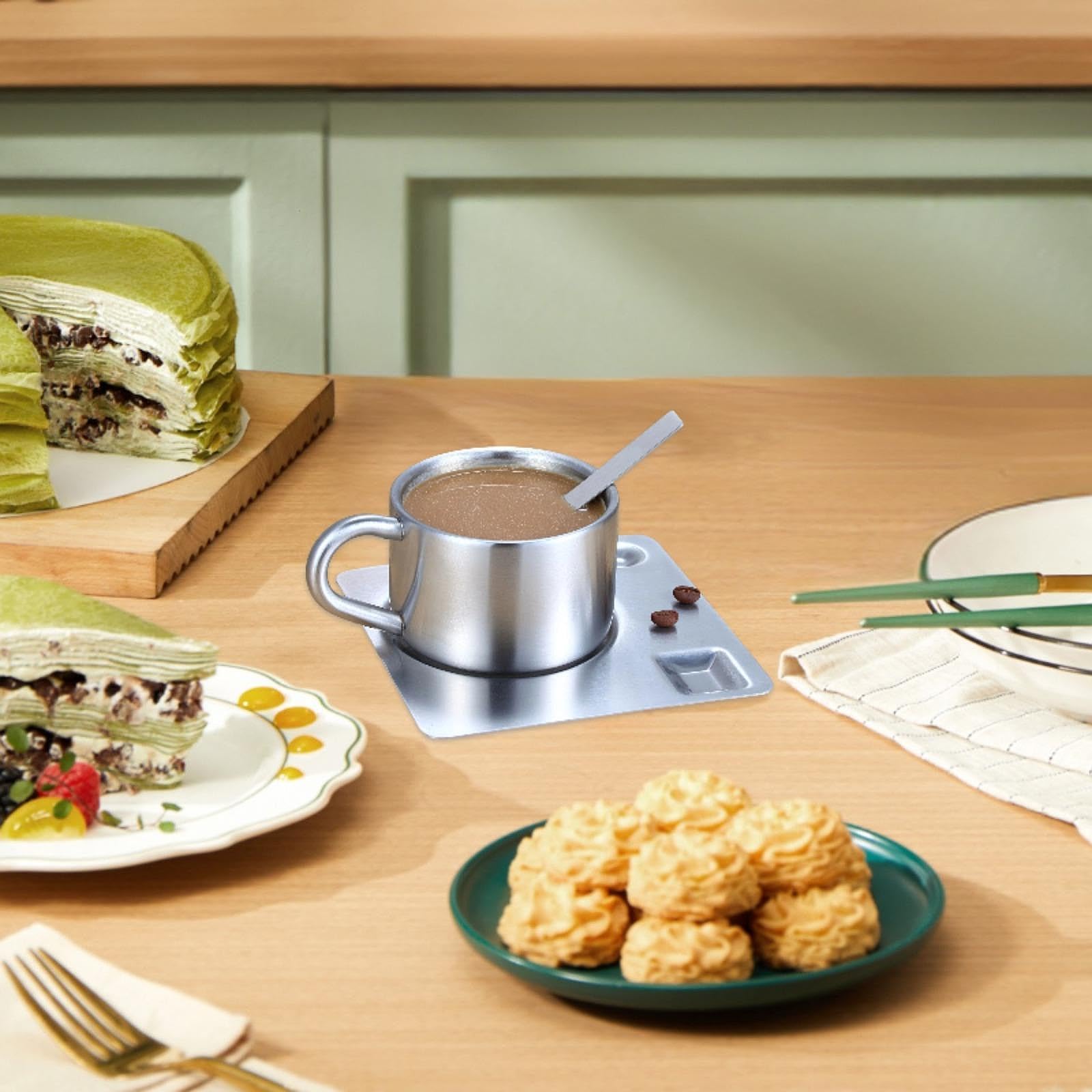 Juego de Tazas de Café de Acero Inoxidable, Taza de Espresso, Plato para Servir Multifuncional