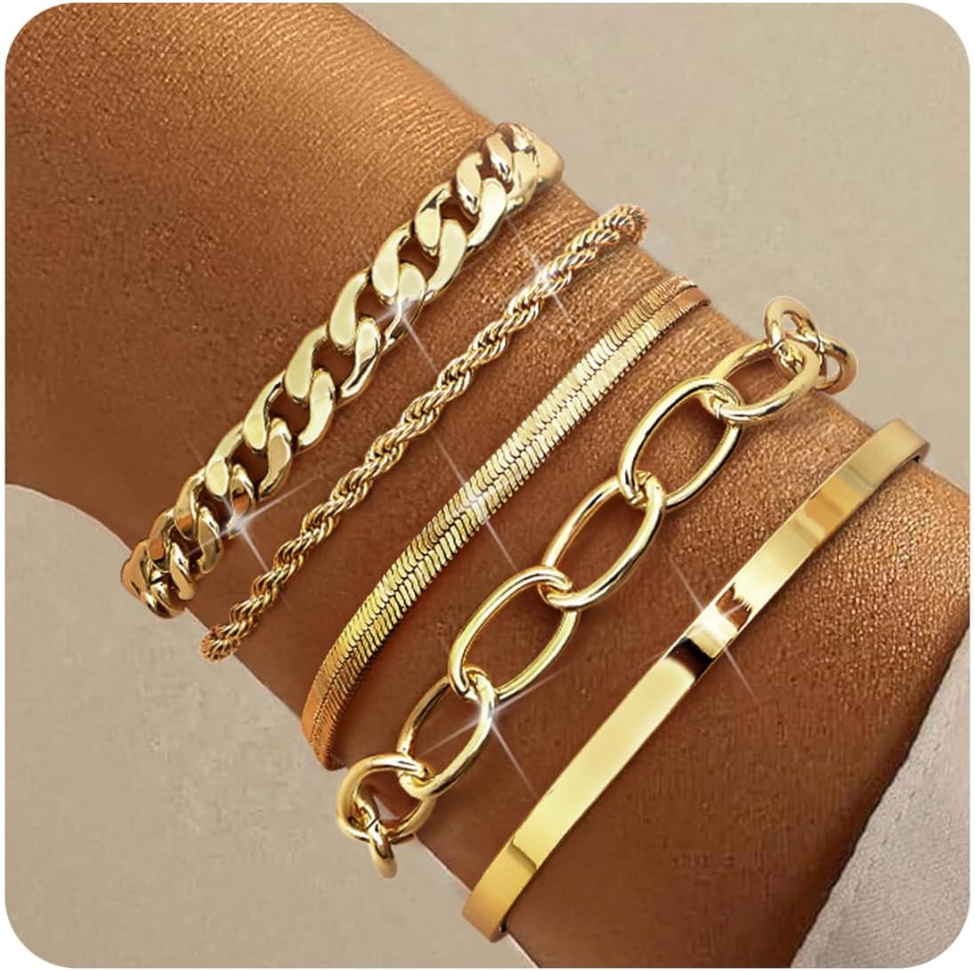 TEN MIRO 16k Chunky Gold Plated Bracelets for Women Non Tarnish, Womens Gold Plated Bracelets Stack Layered Chunky Chain Bracelets Waterproof Link Cuff Herringbone Bracelet Mothers' Day Jewelry Gifts - Image 8