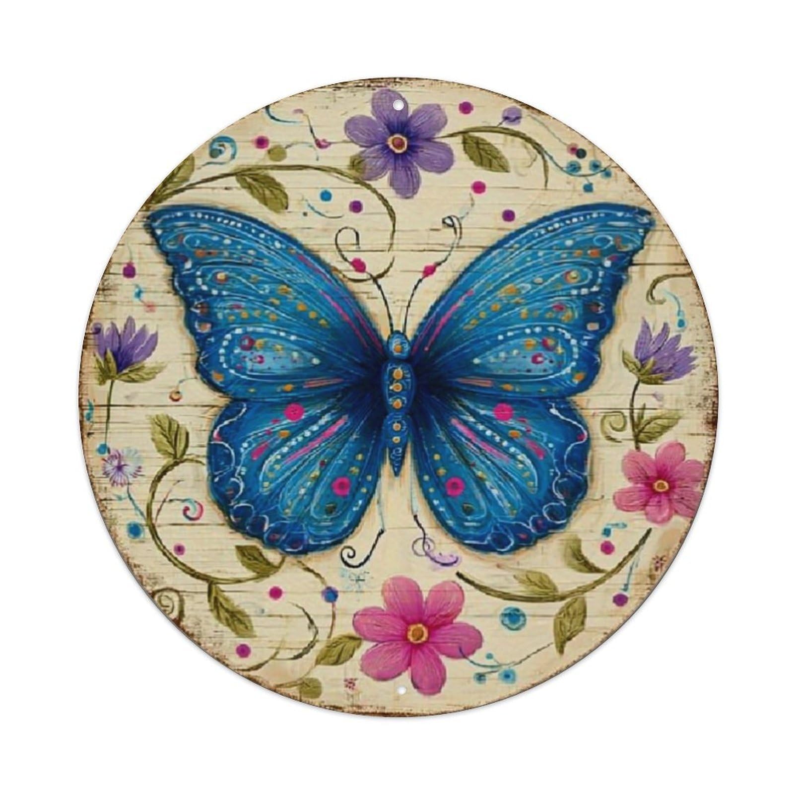 Blue Butterfly Floral Pattern Art Retro Metal Sign Round Tin Sign, Vintage Decor Art Poster for Bar, Home, Man Cave, Kitchen, Laundry Room Gift 8x8Inch