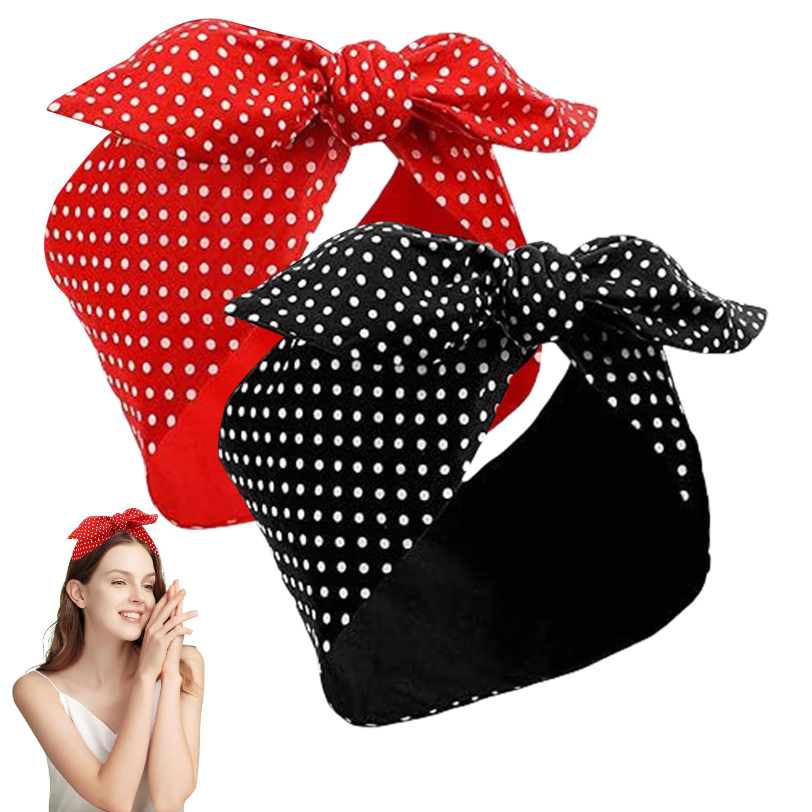 2 Pcs Retro Polka Dot Head Scarves – 1940s Land Girl Style Bow Headbands For Women, Red & Black Boho Vintage Accessory