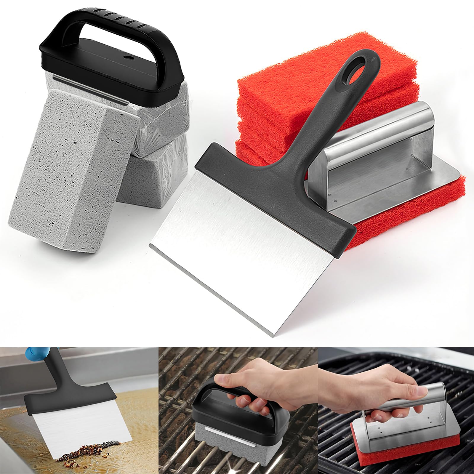 Kit de limpieza de plancha para Blackstone, kit profesional de raspador de plancha con raspador, piedra de parrilla y almohadillas para estropajos con asa, 10 piezas