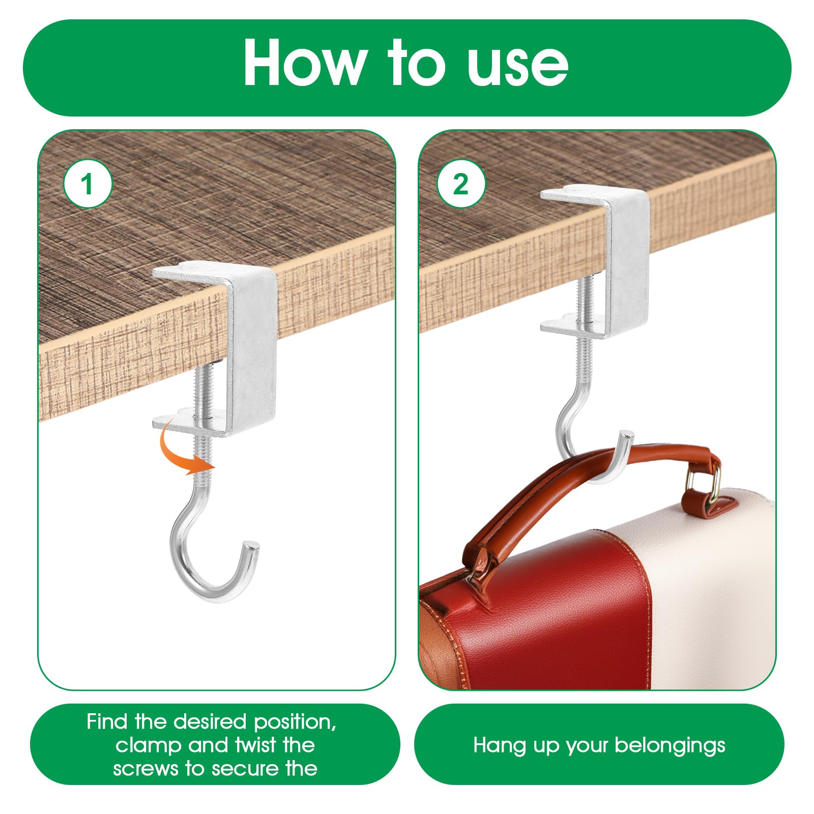 cobee Clamp-On Under Desk Hooks, Desk Mount Hanging Bag Holder Metal Hook — Amazon image 5