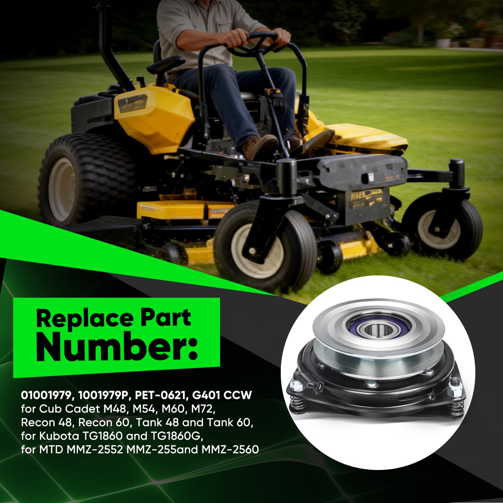 Actualización de alto par 01001979P PTO embrague para cortacéspedes Cub Cadet (Tank/Recon/M/ZT), Kubota TG1860/G y MTD MMZ de giro cero, reemplaza 01001979P, 1001979P, PET-0621