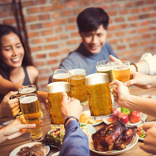 Miniatura 3 de Taza de cerveza de vidrio grande de verano con asa, taza de cerveza transparente con hoyuelos a granel para cerveza, jugo, café, cerveza, fiesta,