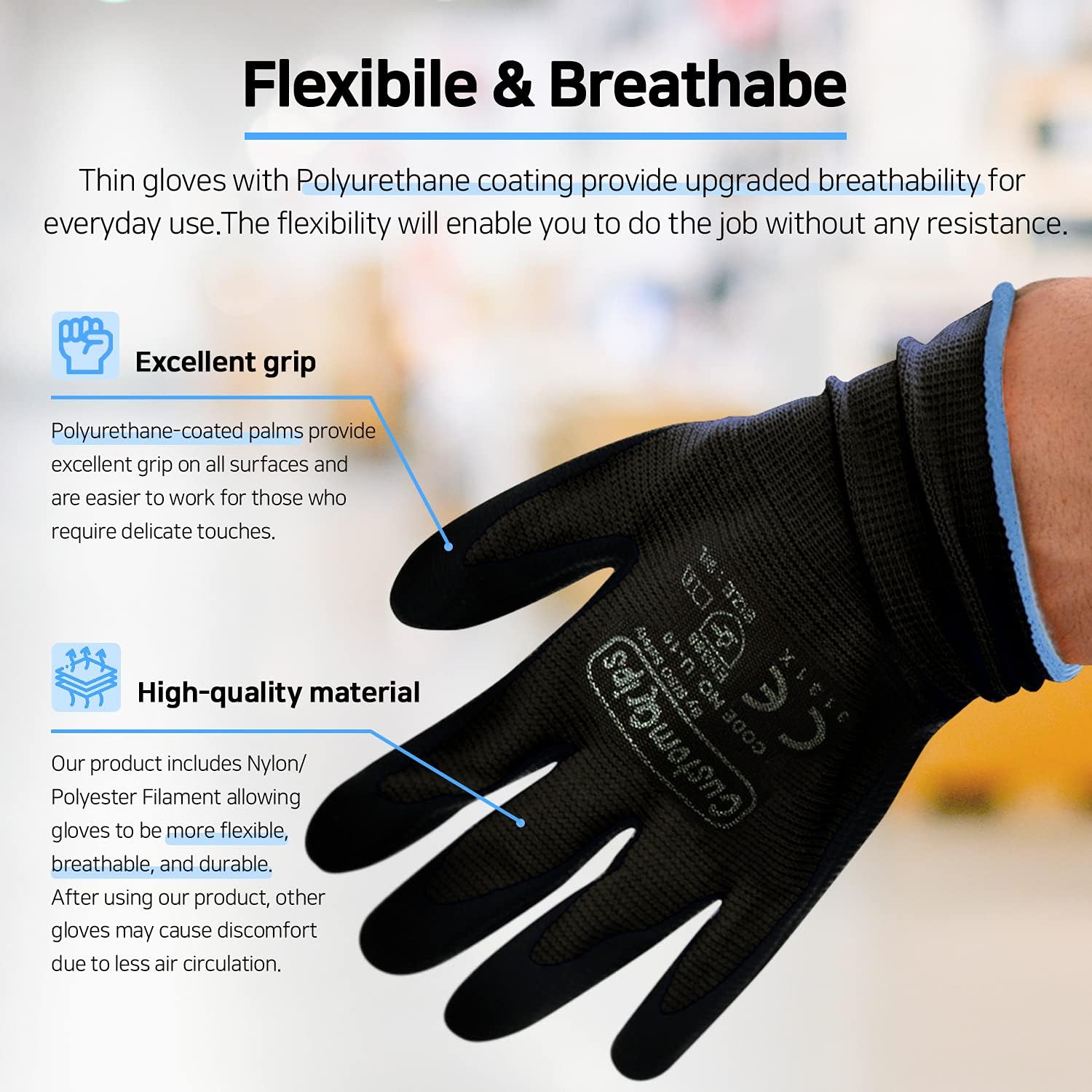 CustomGrips Cut Resistant Work Gloves, Black Nylon Liner, Ultra-Thin Breathable Polyurethane (PU) Palm Coated Gloves, Superior Grip for Wet and Dry Environments [XX-Large, 12 Pairs]