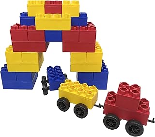 BiggoBlocks Jumbo Blocks 36PC 3CAR | Made in The USA | 30 Large Blocks | 6 Small Blocks | 4 Colors Red Yellow Green Blue |Includes 3 Train car Kits | (60pcs Total)