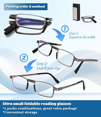 Hubeye Ultra Thin Folding Reading Glasses for Men 2 Pack Blue Light Blocking Compact Computer Foldable Readers With Case