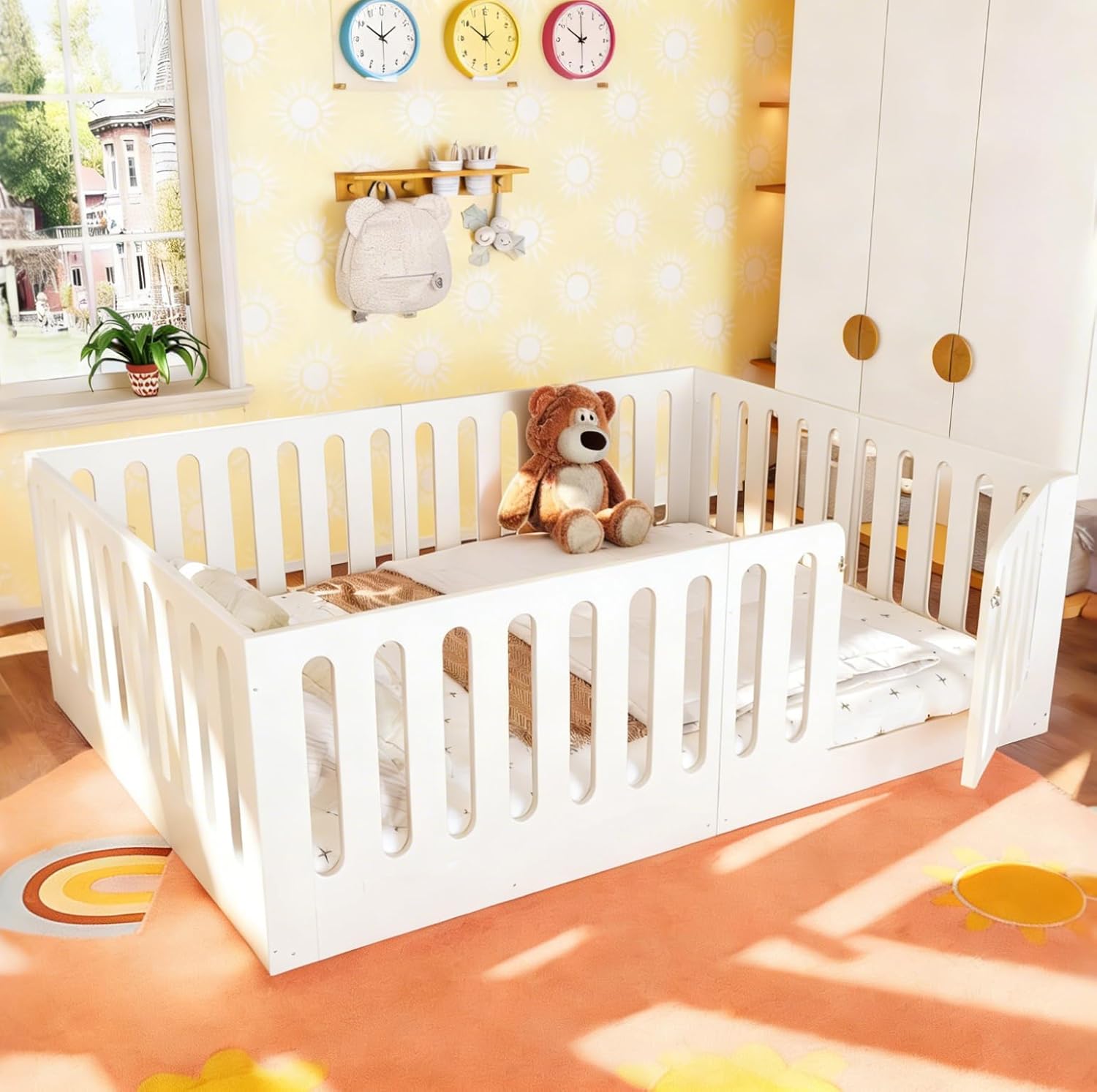 Bellemave Queen Floor Bed with High Rails and Door, Queen Size Wood Montessori Floor Bed Frame, Low-Profile Design, Easy Assemble, Multi-Functional Play & Sleep Space, White