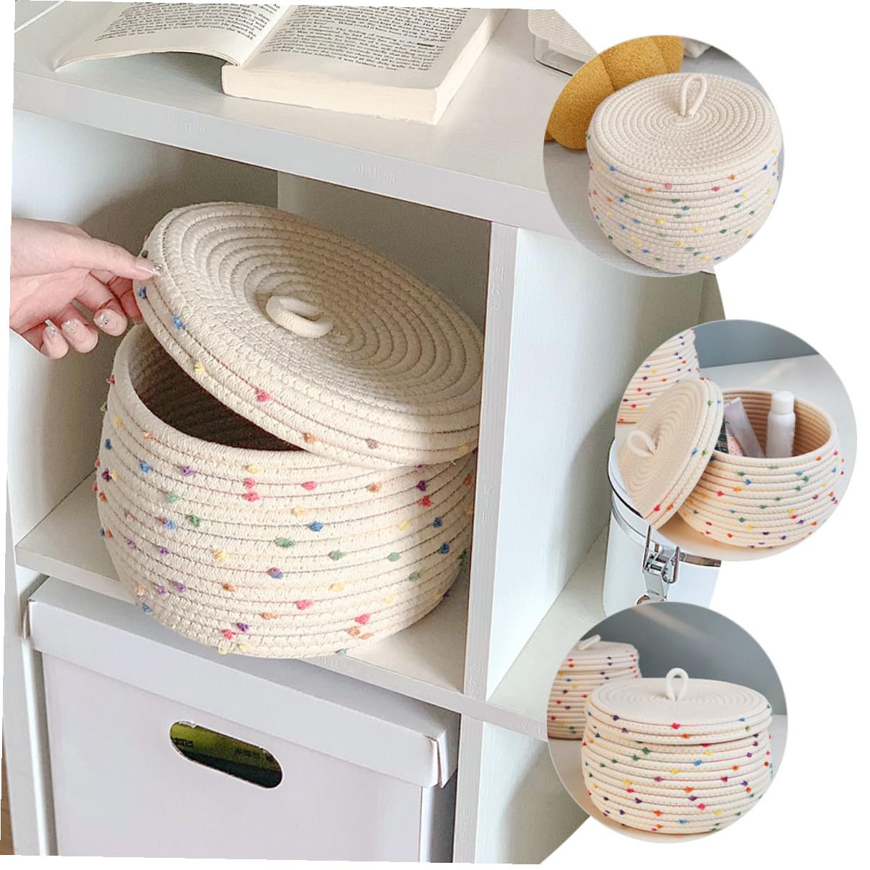 HOMSFOU Cestino Portaoggetti Organizer Casa Versatile e Resistente in Corda di Cotone Intrecciata con Coperchio, Cesta per Conservazione Uova con Trama Delicata