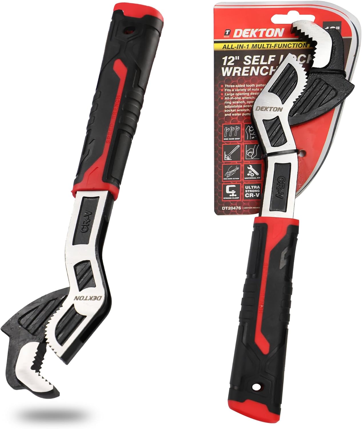 DEKTON Sum Self Locking Wrench 12"-Three-Sided Tooth Pattern Coverage| Not Easy to Slip| Strong Clamping| Applicable to Variety of Nuts & Screw| Large Opening Design, Range: 7-43mm| Fast Self-Locking