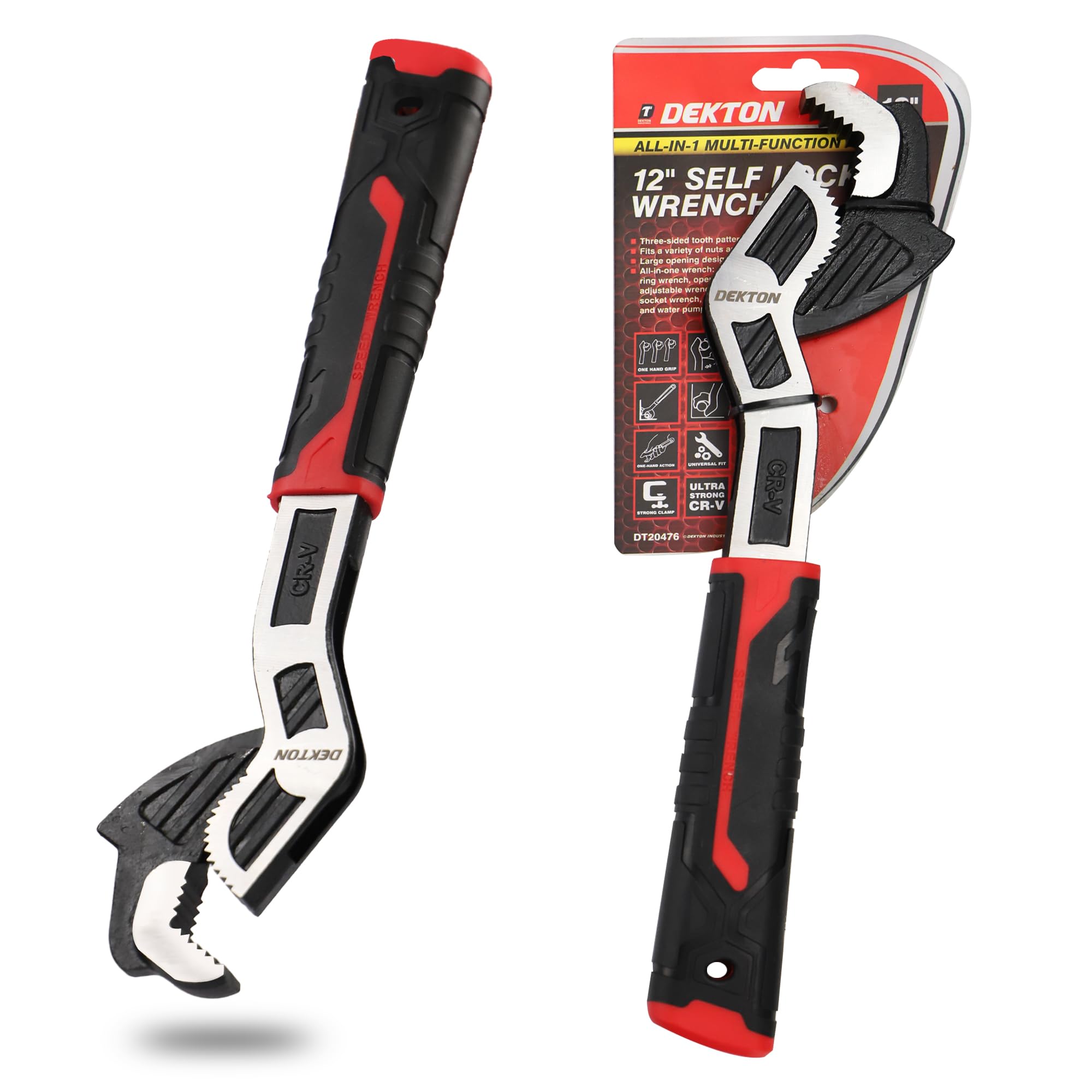 Dekton Sum Self Locking Wrench 12"-Three-Sided Tooth Pattern Coverage| Not Easy to Slip| Strong Clamping| Applicable to Variety of Nuts & Screw| Large Opening Design, Range: 7-43mm| Fast Self-Locking