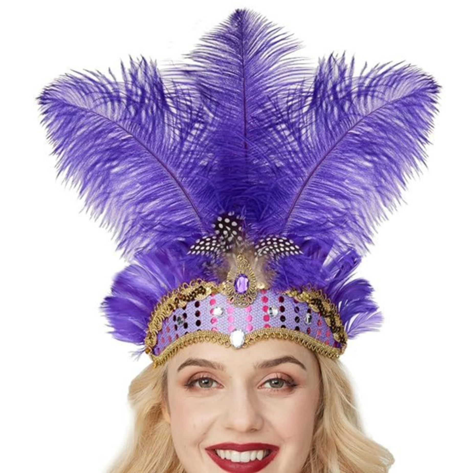 NIDONE Showgirl Headpiece for Women Girls Feathered Headpiece with Sequin for Carnival Hawaii Halloween Masquerade Costume Party, Purple
