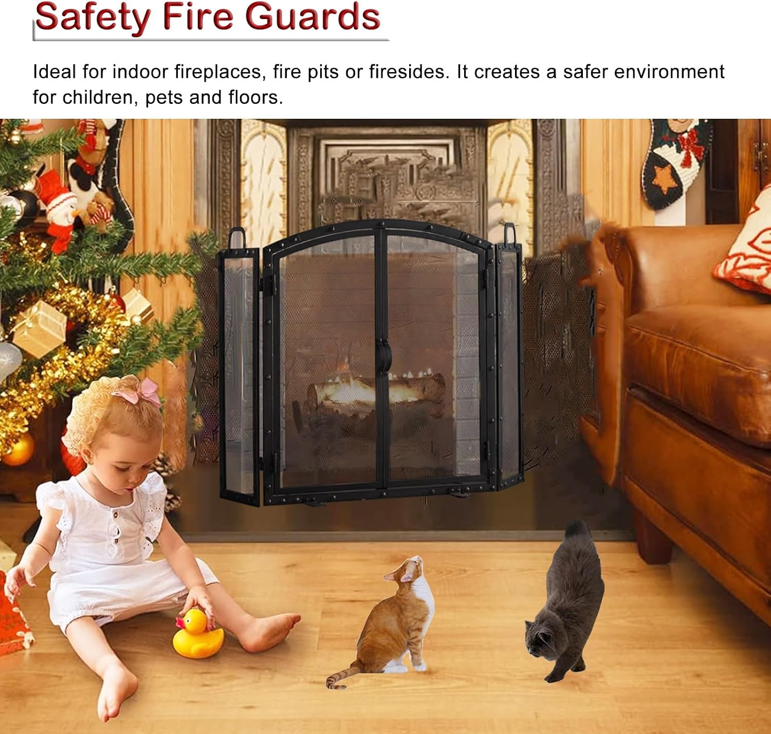 46"" Large Fire Guards/Fire Screens/Child Pet Guard, Tri-Fold Fireplace Screen with Magnetic Doors, Black Arched Fireplace Cover for Wood Burning