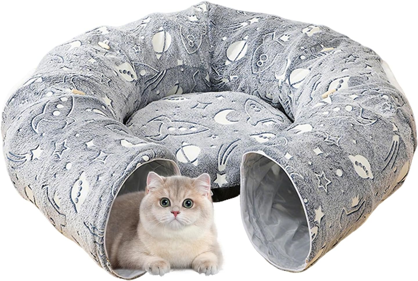Indoor Cat Tunnel Bed, Foldable Donut Plush Playhouse, Glow Dark Comfort Cushion – for Small Medium Large Breeds Apartment Home Balcony Dorm Sleeping Resting Toy
