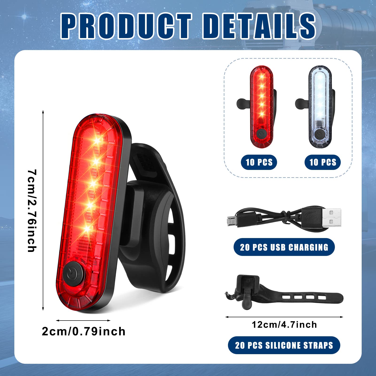 Jerify Lot de 20 feux arrière LED rechargeables par USB pour vélo - Étanche - 4 options de mode d'éclairage - Pour feux arrière de nuit, kayak de nuit, bateau