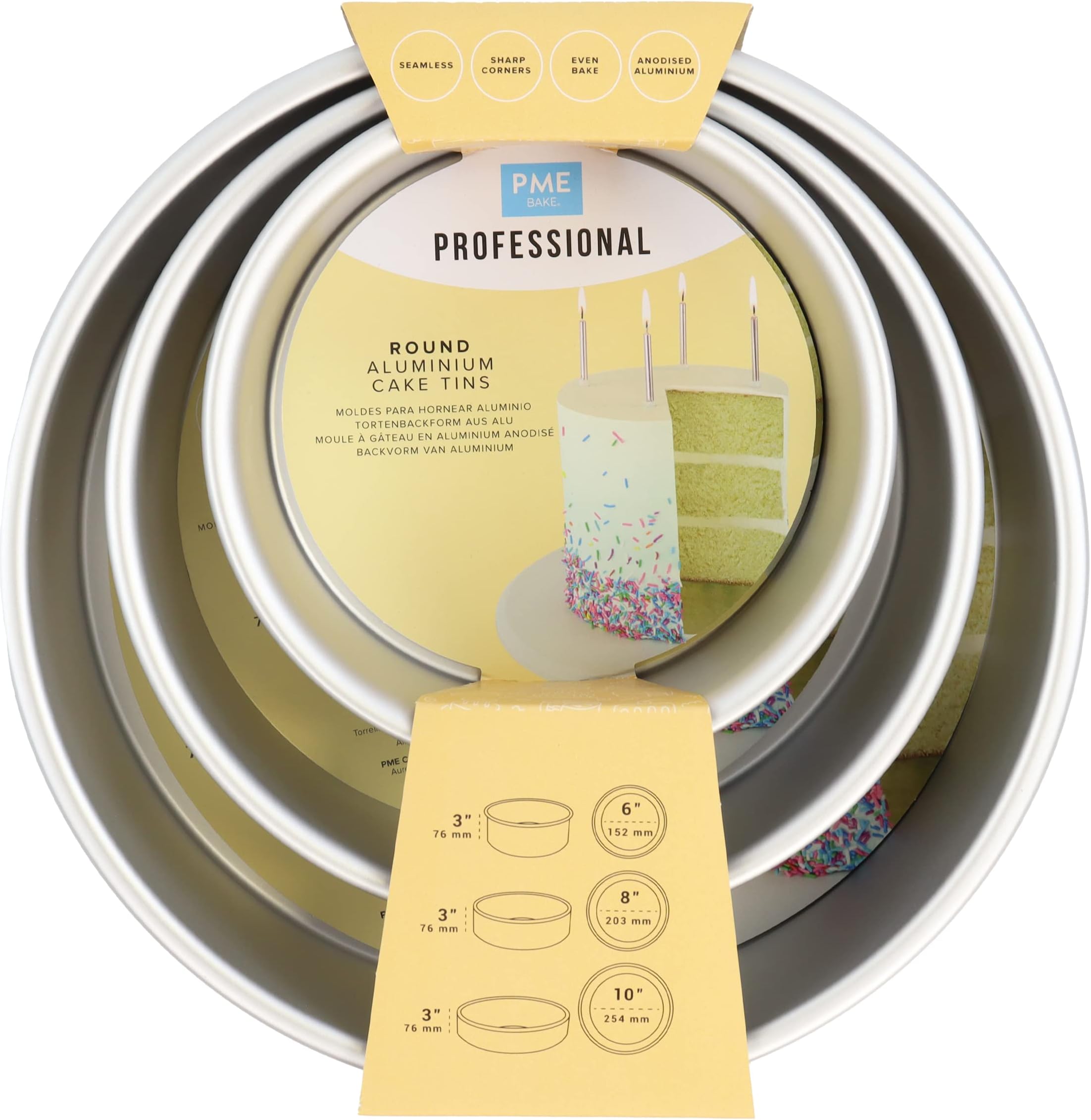 PME Round Cake Pans 6, 8, 10-Inch x 3-Inch Deep, Set of 3, Silver, RNDB68103