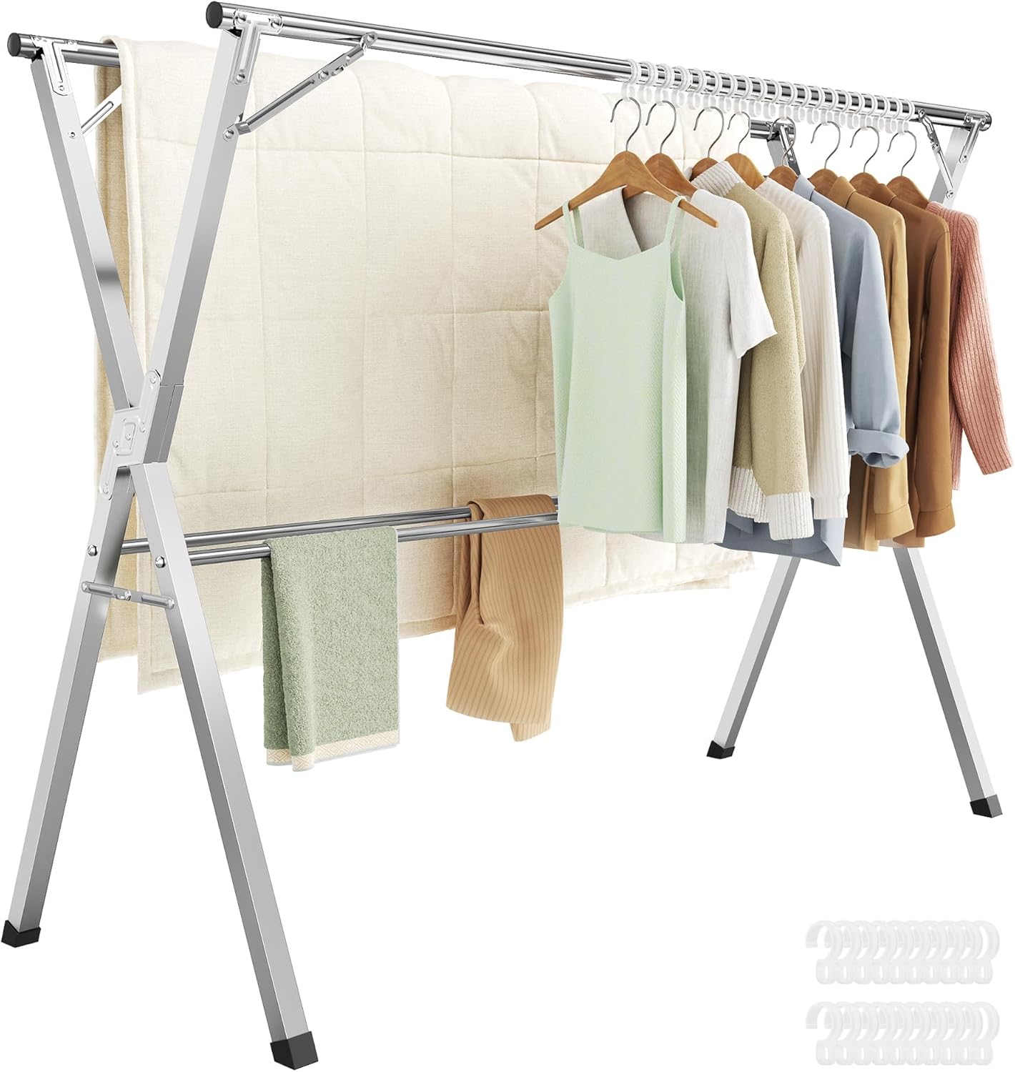 SONGMICS Clothes Drying Rack, Heavy-Duty Laundry Drying Rack, 52.4-78.7 Inches Extendable, Foldable Freestanding Airer, Stainless Steel, for Indoor Outdoor Use, Dove Gray ULLR902E01