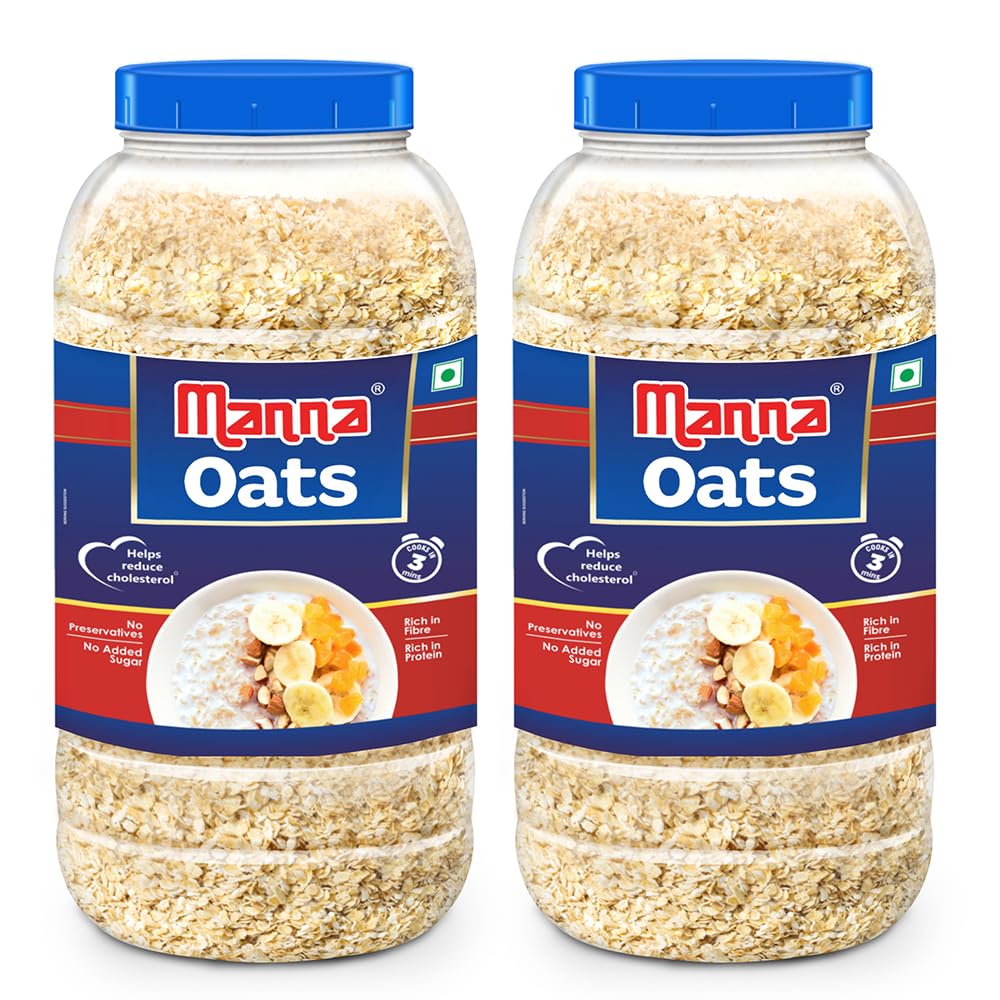Manna Oats 2Kg Jar, White oats. Source of protein and high in fibre. 1kg (Pack of 2)