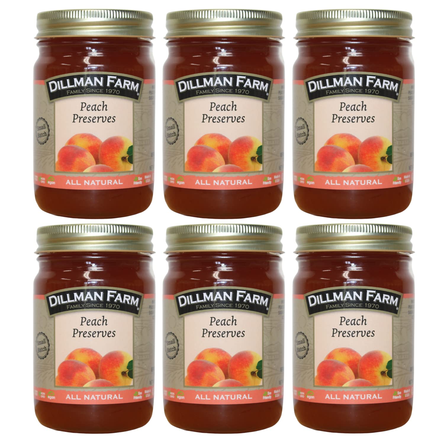Dillman Farm All Natural Peach Preserves - Gluten-Free, Non-GMO, Vegan, Kosher, Eco-Friendly, Preservative Free, Corn Syrup Free - Made in USA, 16oz (Pack of 6)