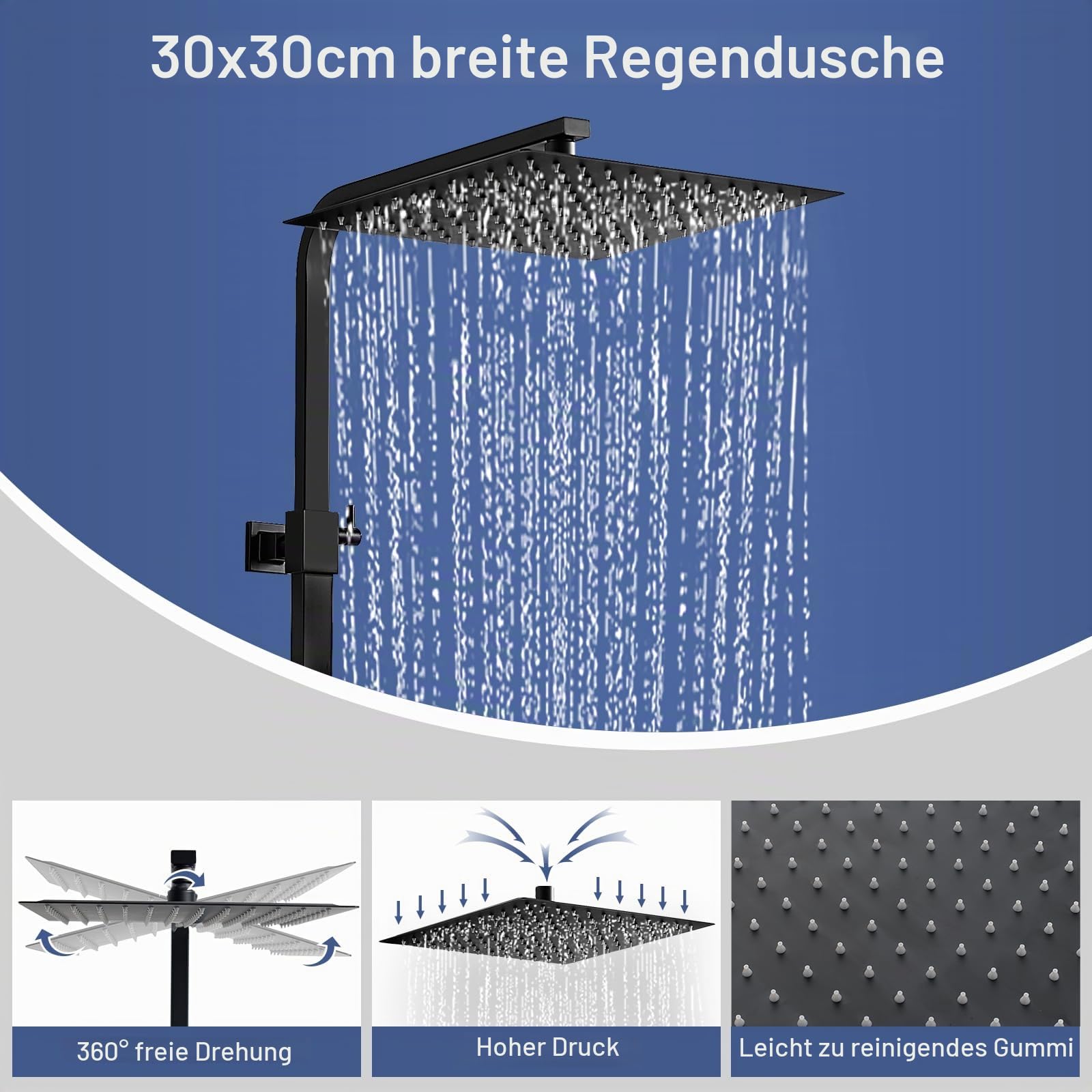 Duschsystem mit Thermostat Schwarz, Bevankly Duschset 30x30cm Regendusche