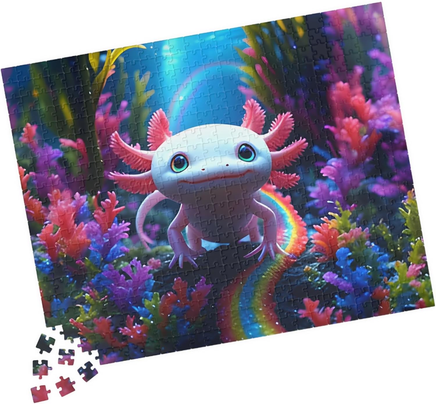 500 Piece Axolotl Jigsaw Puzzles - Rainbow Coral Reef, Pink Salamander, Premium Glossy Finish, Travel Size Compact Box, Reference Picture Included