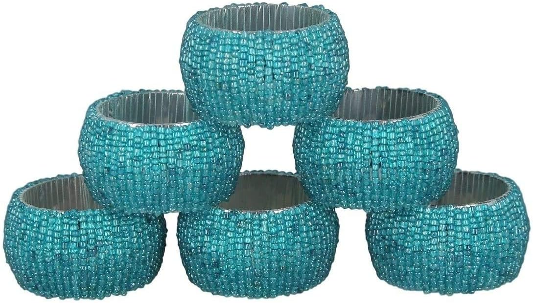 Blue Beaded Napkin Rings Set of 6 – Luxury Decorative Napkin Holders for Dining Table, Wedding, Party & Festive Table Decor – Elegant Handmade Bead Design, Durable & Reusable