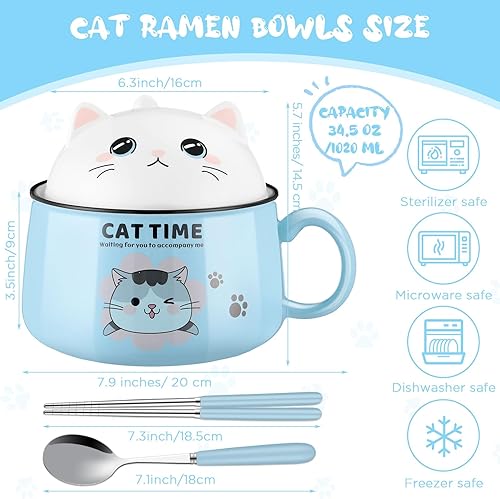 Miniatura 2 de Juego de 2 tazones de ramen de 34.5 onzas con tapa, lindo tazón de sopa con palillos y cuchara, cuenco de fideos para ramen, tazón de ensalada,
