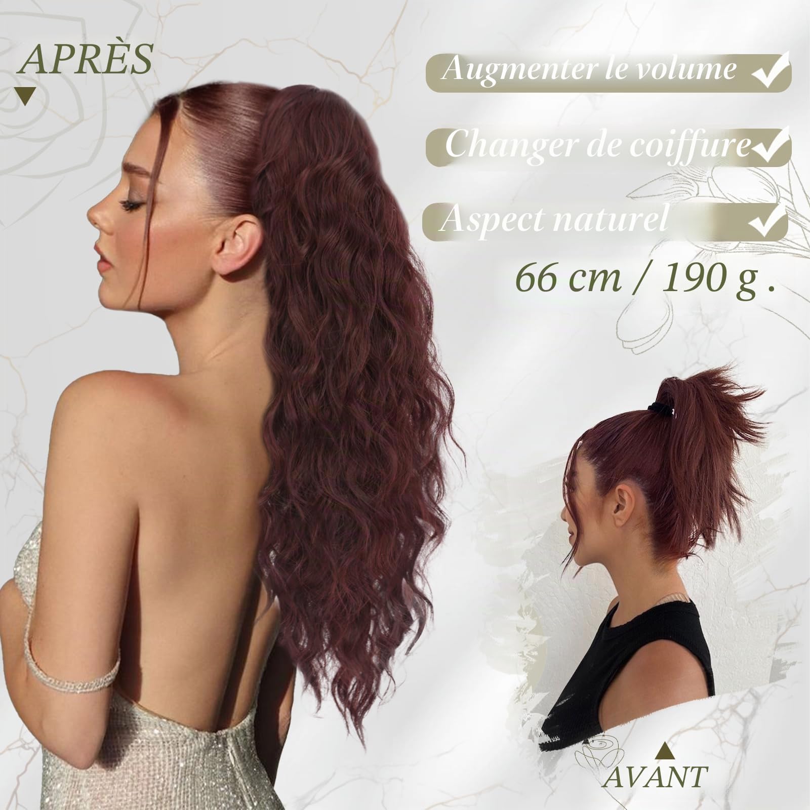 BARSDAR Rouge Cuivré Queue de Cheval Extension, 66cm Cordon Queue de Cheval Extension de Cheveux pour Femme, Longue Bouclé Ondulées Synthétique Clip en Queue de Cheval Postiche, Cowboy Rouge Cuivré