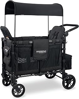 WONDERFOLD W2 Elite Double Stroller Wagon Featuring 2 High Face-to-Face Seats with 5-Point Harnesses, Adjustable Push Handle, and Height Adjustable UV-Protection Canopy, Volcanic Black