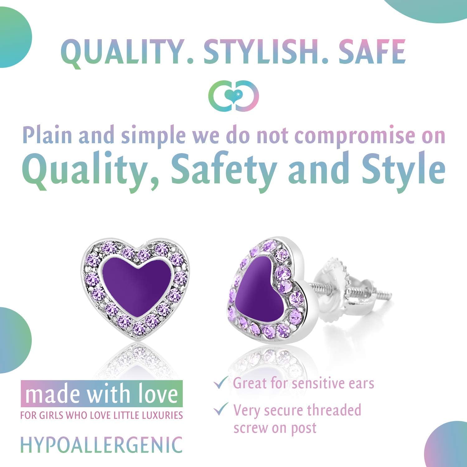 Chanteur Kids Earrings - 925 Sterling Silver with a White Gold Tone HeartEnamel Secure Screw Back Earrings Made with Swarovski Elements, Kids,baby,girls,children