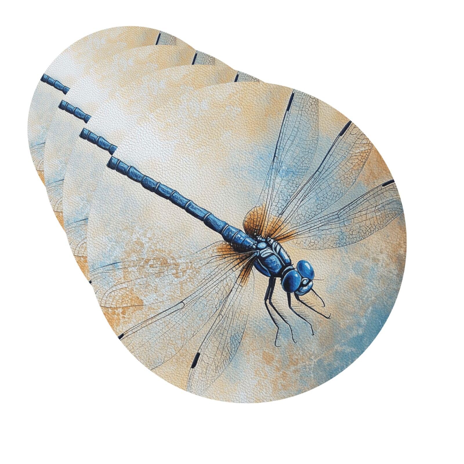 Drink Coasters Set of 4 Quick-Dry Leather Coaster Blue Dragonfly Coasters for Drinks Coffee Cup Mat Tabletop Protection Heat Resistant Coaster for Kitchen Bar Office Home Decor