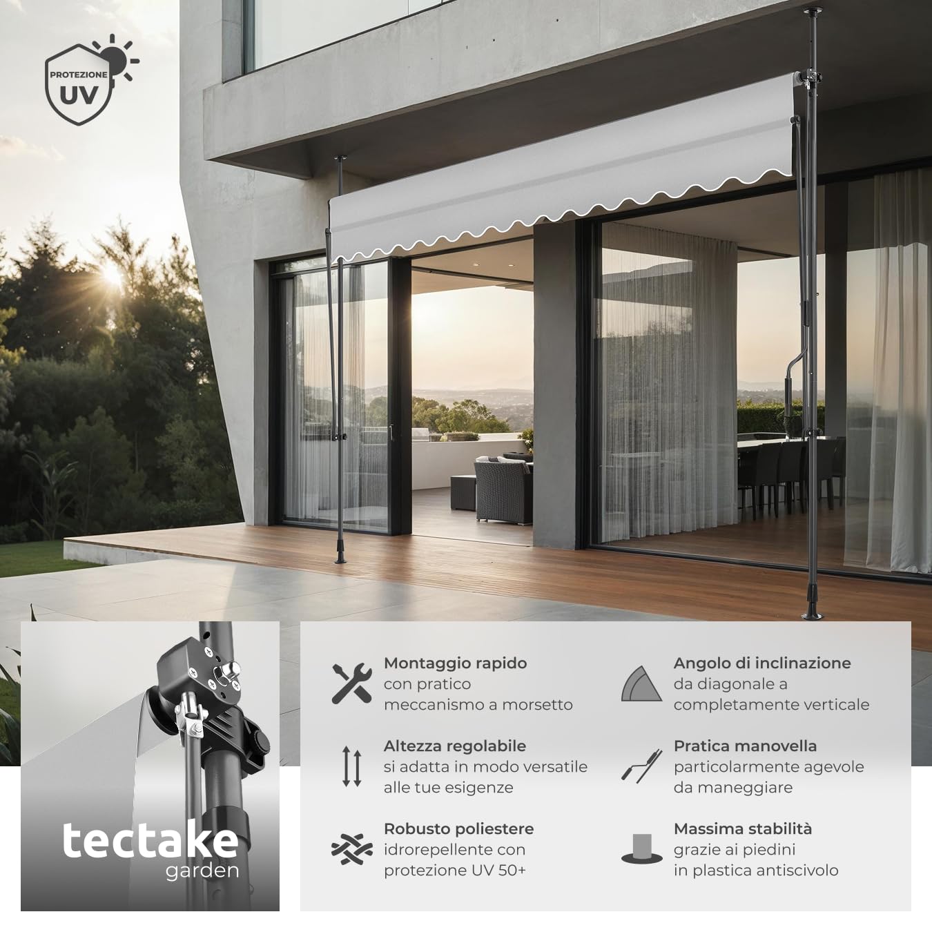 Tectake Tenda da Sole a Morsetto Regolabile 350x180cm Grigio Chiaro Impermeabile UV