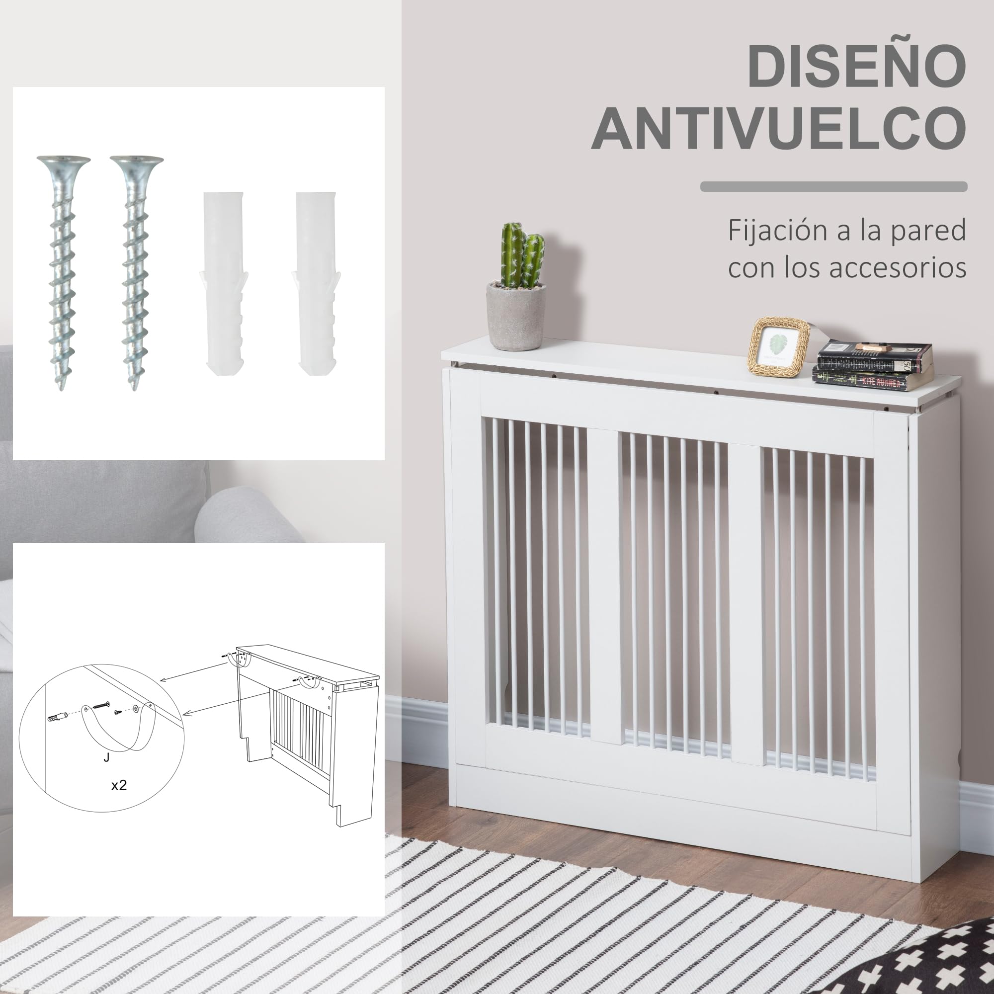 HOMCOM Cubierta de Radiador Blanco 90x18x84 cm Cubre Radiador de MDF Diseño Moderno Estante para Radiador Vertical para Sala de Estar Dormitorio