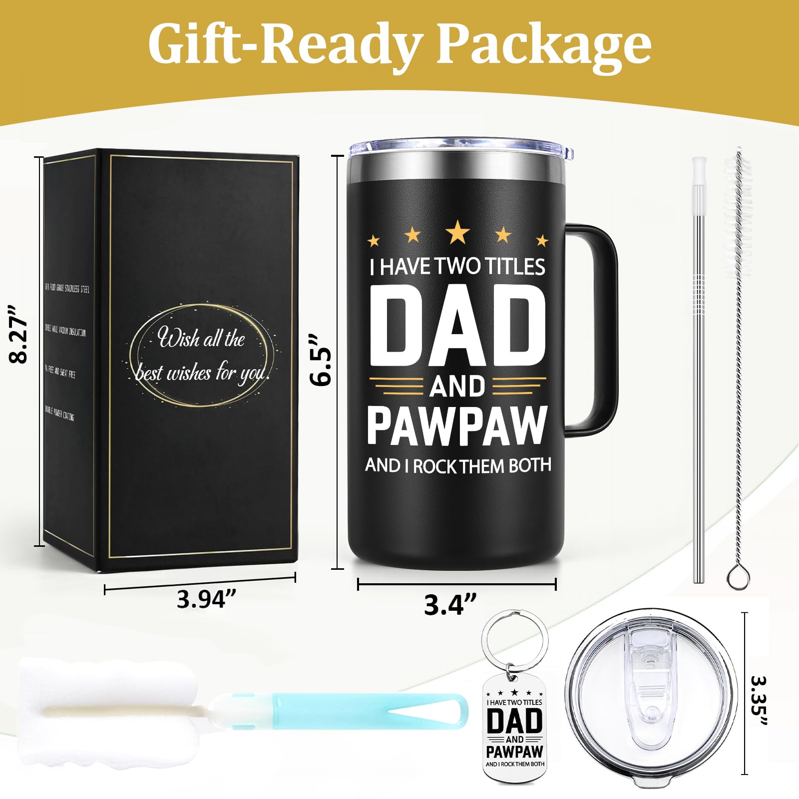 Lifecapido Pawpaw Fathers Day Gift, I Have Two Titles Dad And Pawpaw I Rock Them Both 20oz Insulated Coffee Mug with Keychain, Birthday, Fathers Day Gift, Black