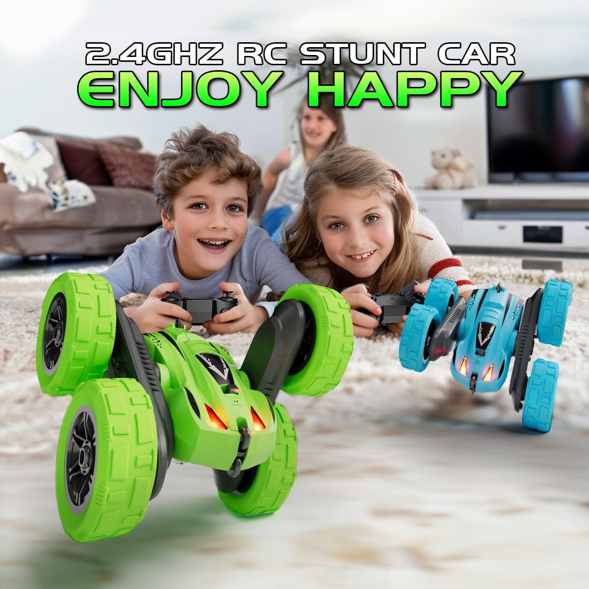 RacingFun Remote Control Car,Fast RC Cars,2.4Ghz Double Sided 360° Rotating RC Stunt Cars with Headlights,All Terrain Rechargeable Car Toys for Boys Ages 5-7 8-12,Birthday Gifts for Kids Blue