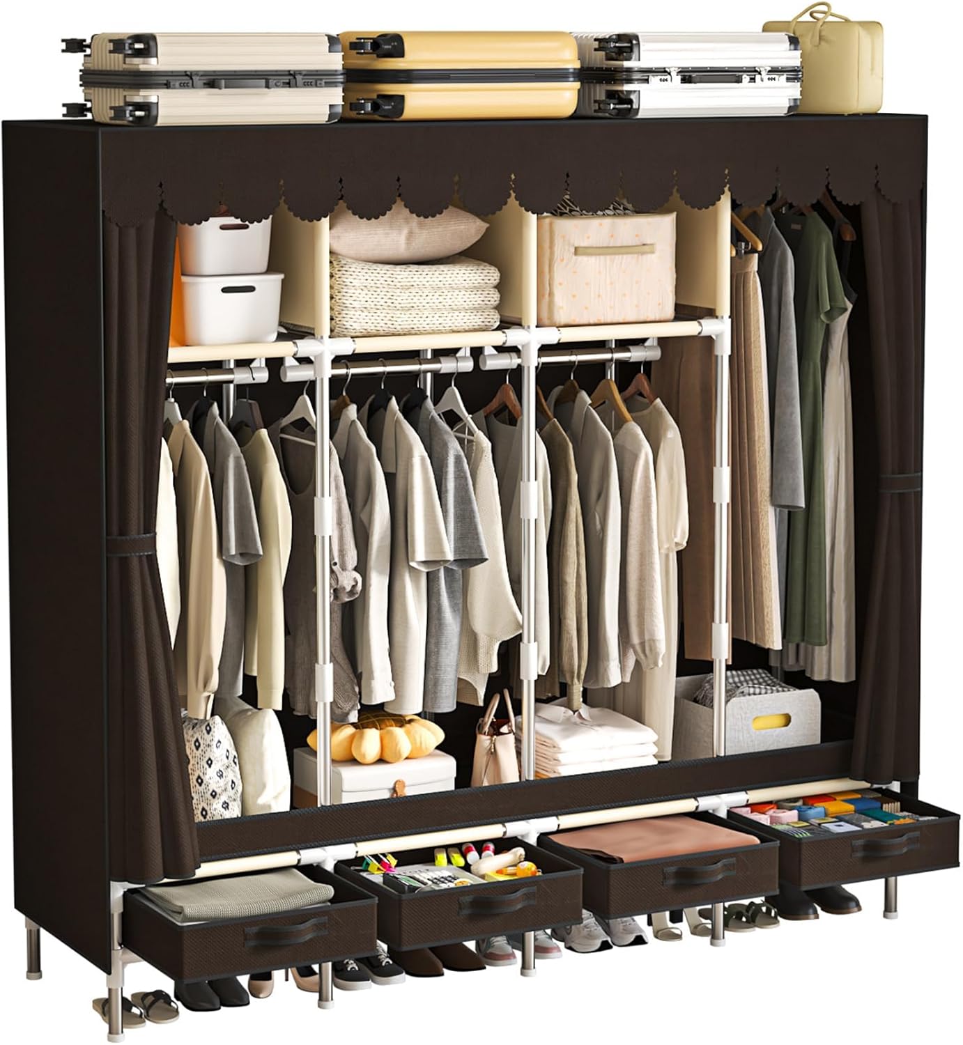 Portable Wardrobe with 4 Drawers, 4 Hanging Rods - 67" Tall Sweater Organizer, Sturdy Easy Temporary Bedroom Wardrobe Organizer, Brown