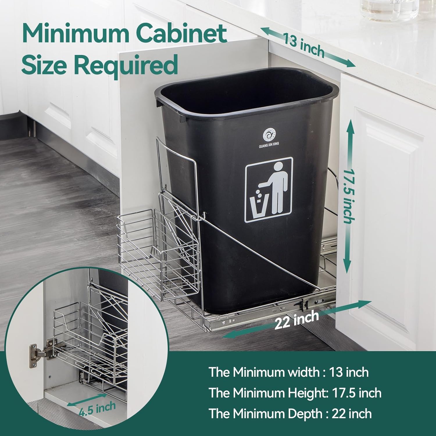 Pull Out Trash Can Under Cabinet,Adjustable Under Sink Trash Can Pull Out Kit with Removable Basket,Slide Roll Out Kitchen Trash Can Rack,Fit for Most 7-11 Gallon Garbage (Trash Can Not Included)