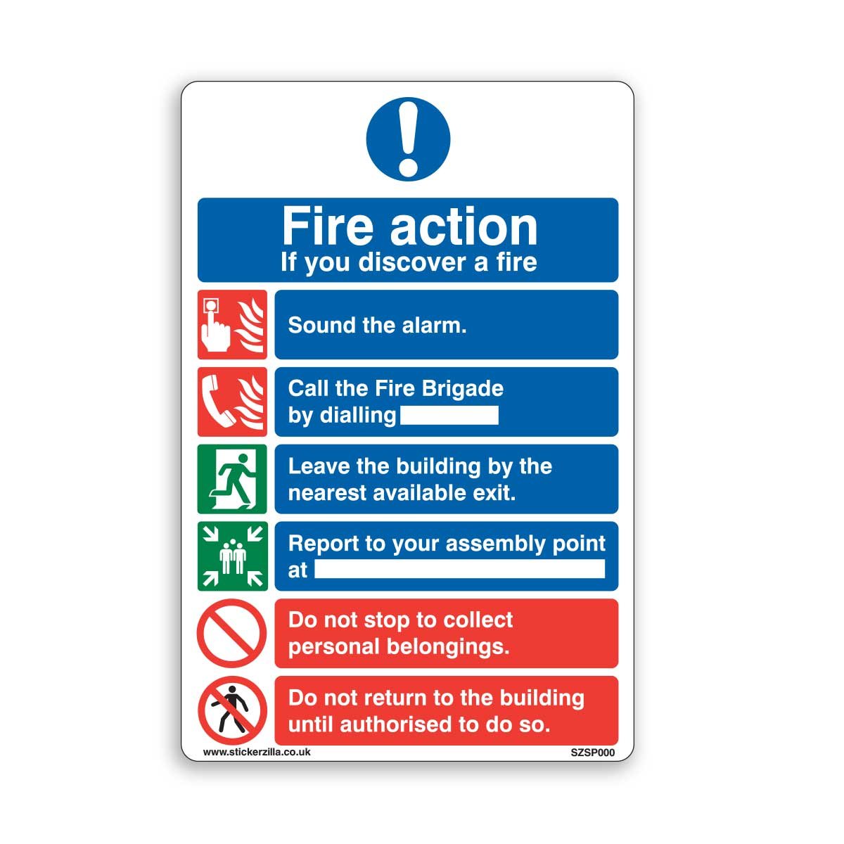 General Fire Action Signs - 5 x Pack Set Of Adhesive Stickers [A5 150mm x 200mm]