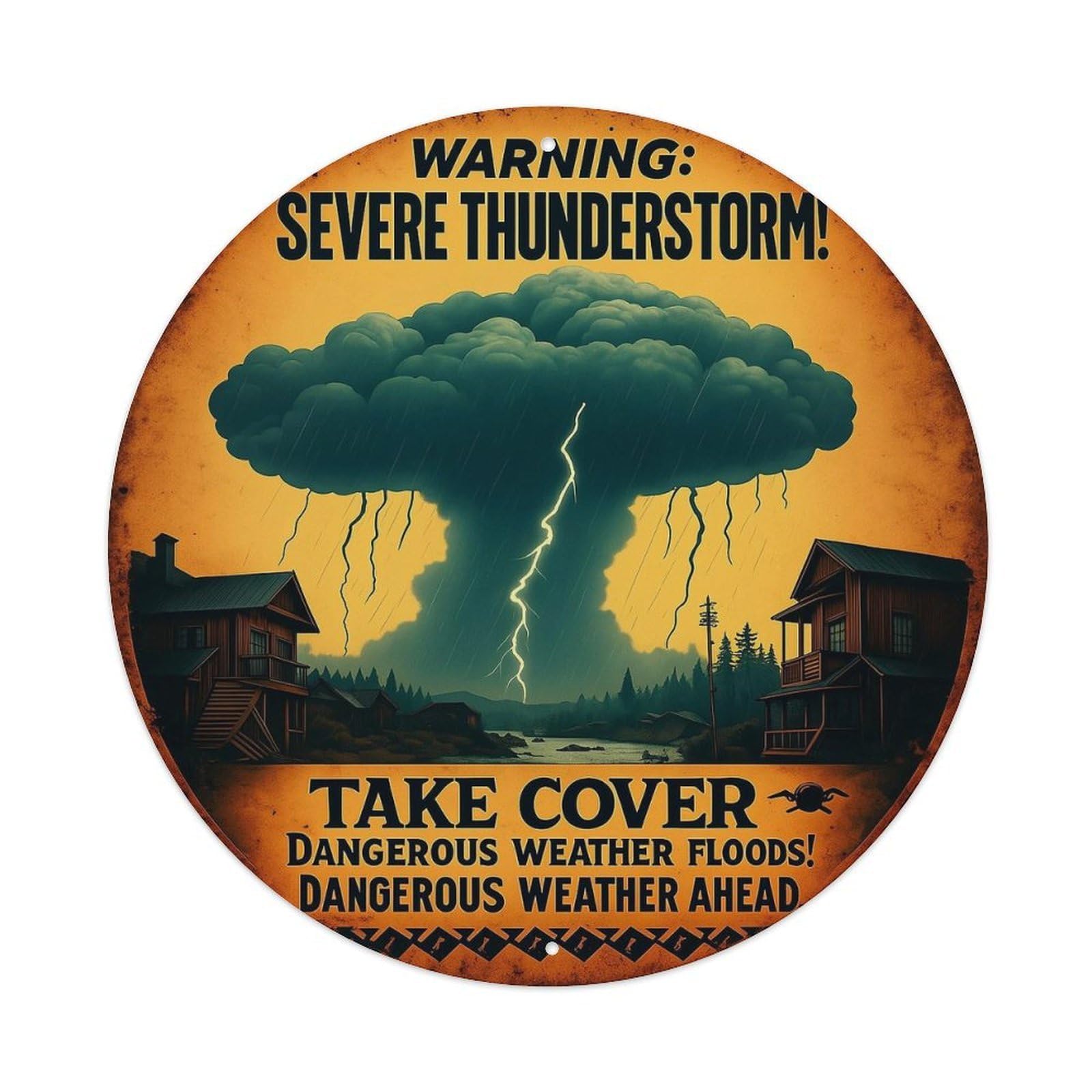 Severe Thunderstorm Warning Sign Round Metal Tin Sign Vintage Wall Decor, Bar Garage Cafe Kitchen Home Wall Art Poster 8x8inches