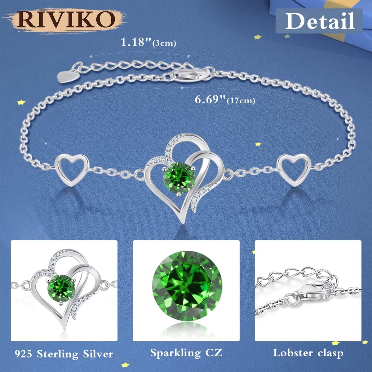RIVIKO Love Heart Charm Bracelet For Women 925 Sterling Silver With Zirconia Birthstone Bracelets Adjustable Link for Mother Wife Sister Birthday Christmas Day Anniversary Jewelry Gift
