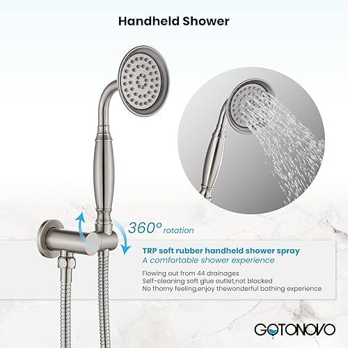 Miniatura 3 de gotonovo Cabezal de ducha vintage de 8 pulgadas, montaje en pared, sistema de grifo de ducha de baño de níquel cepillado, pulverizador de mano con