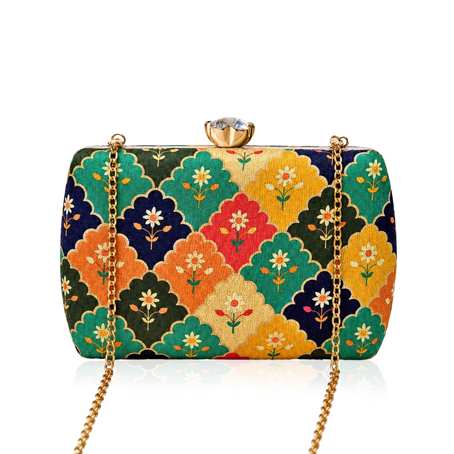 Floral Printed Clutch Bag for Women with Detachable Golden Strap Chain Printed Clutch Bag-image-9