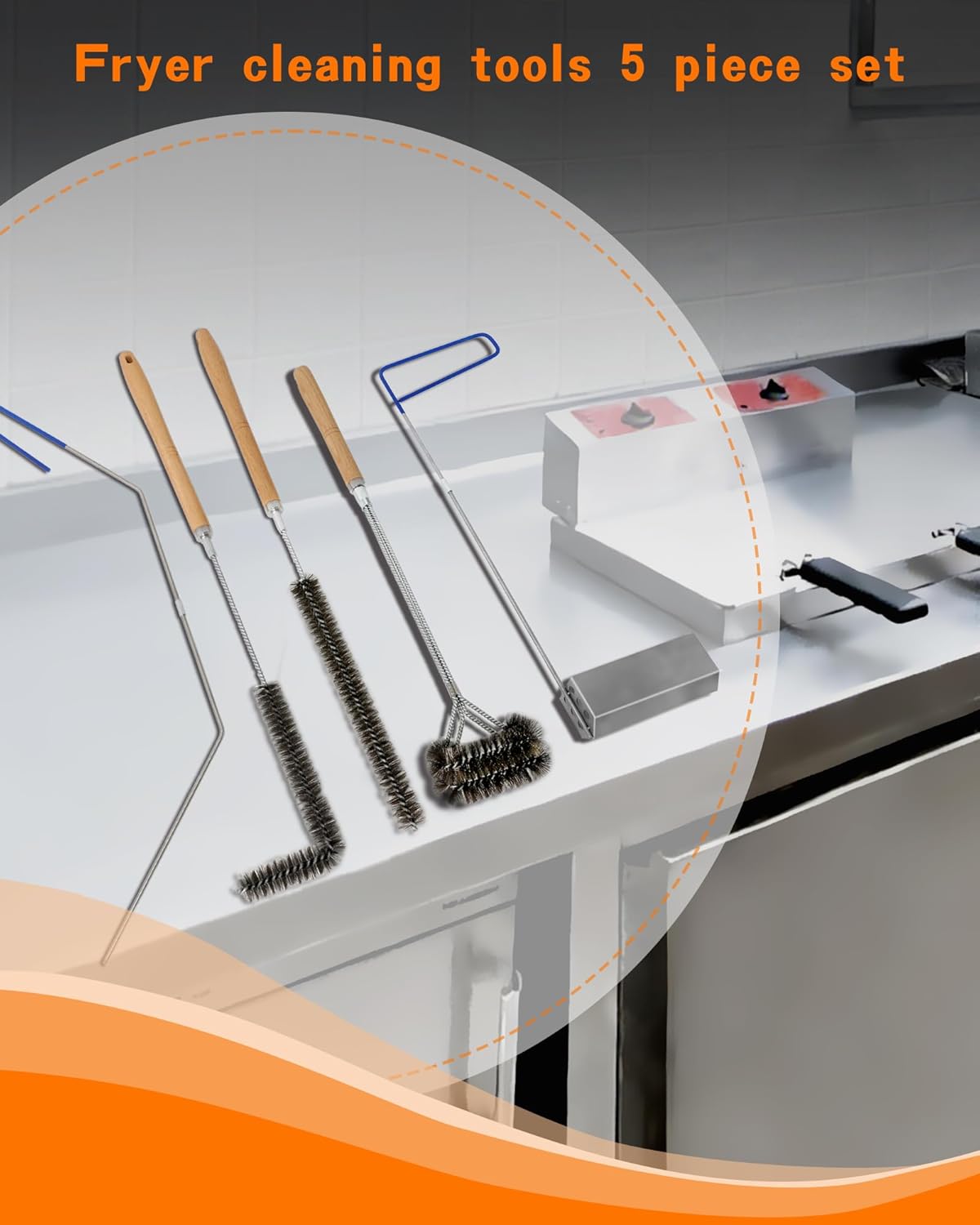 Fryer Cleaning Tool 5 Piece Set, Deep Fryer Basket Brush, Long Handle L-Shaped & Straight Crevice Cleaning Brush, Cleanout Rod Kit and V-Shaped Strainer Scoop for Commercial Kitchen, Fryer