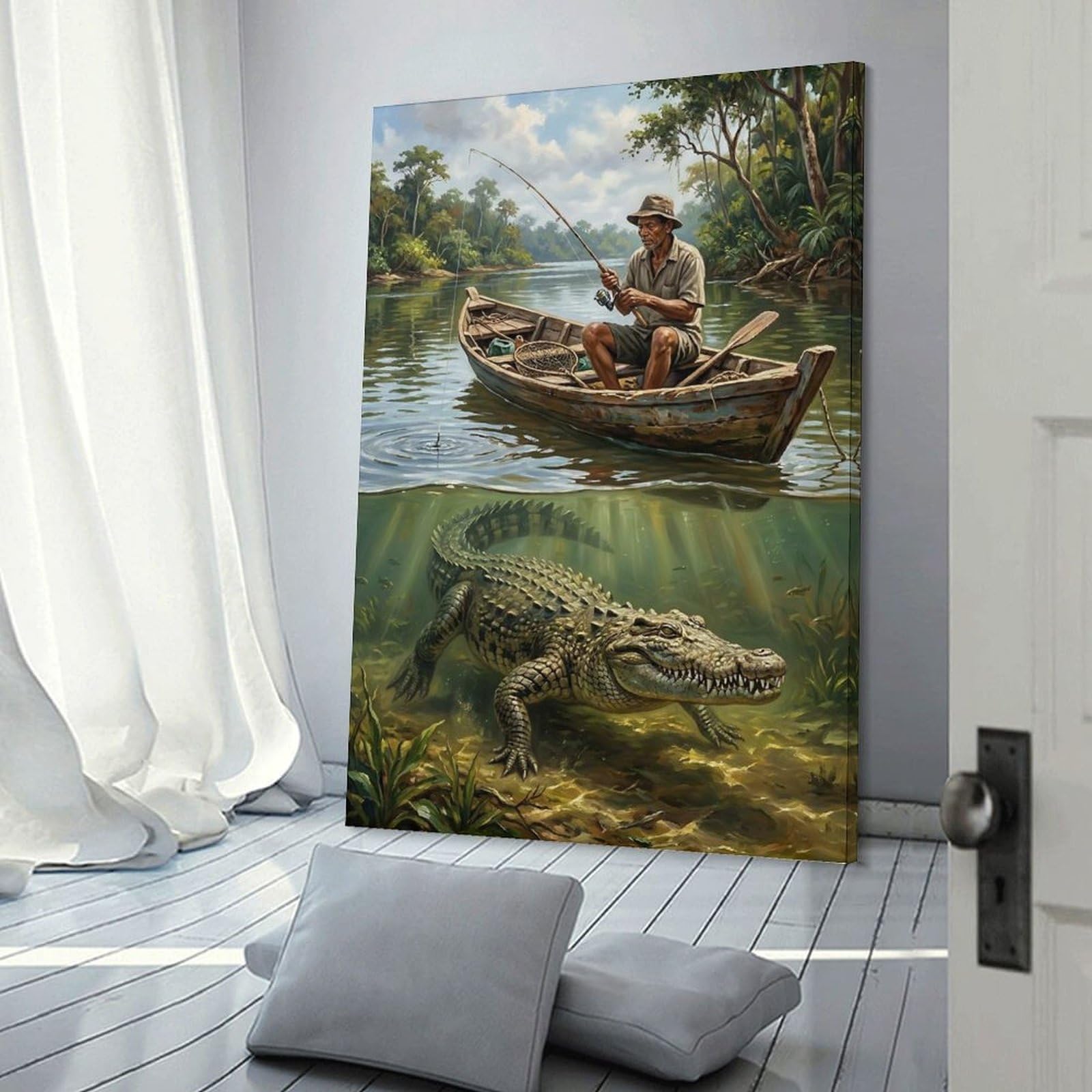 Junmoney Fisherman And Crocodile in River Canvas Wall Decor, 20x30inch(50x75cm), for Wall Displays, Bedrooms Or Room Updates, Wall Decor Suited to Curated Displays